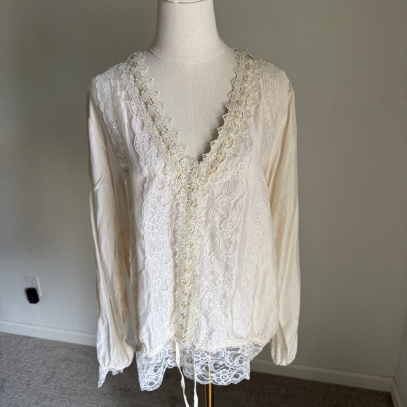 Beyond Vintage Tops - Anthropologie Beyond Vintage Cream Cotton Silk Lace Blouse Women's Large